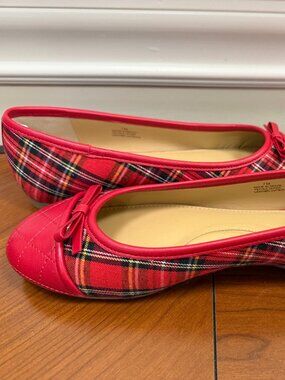 Talbots Tartan Plaid Ballet Flats Shoes Red Multi Blair Cap Toe